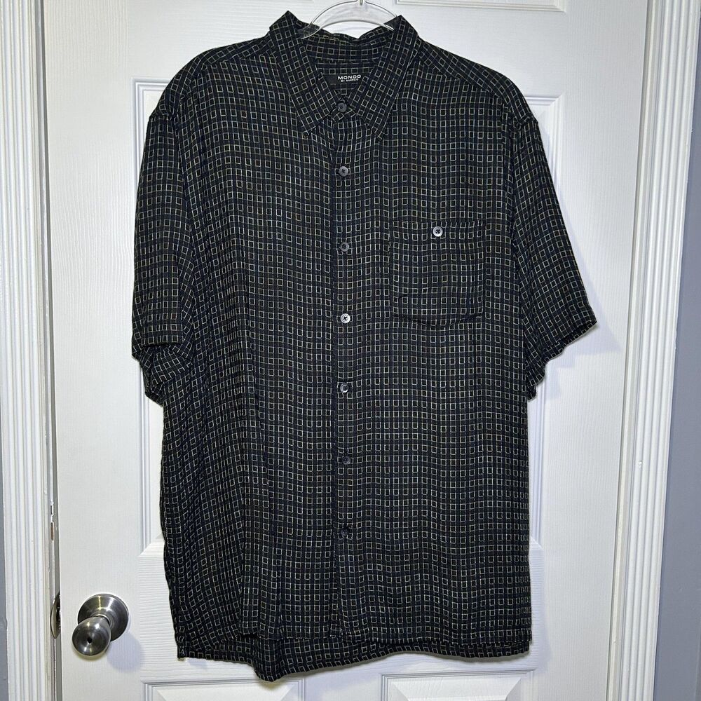 Mondo Di Marco Shirt Men's Large Black Square Print Short Sleeve Button Front